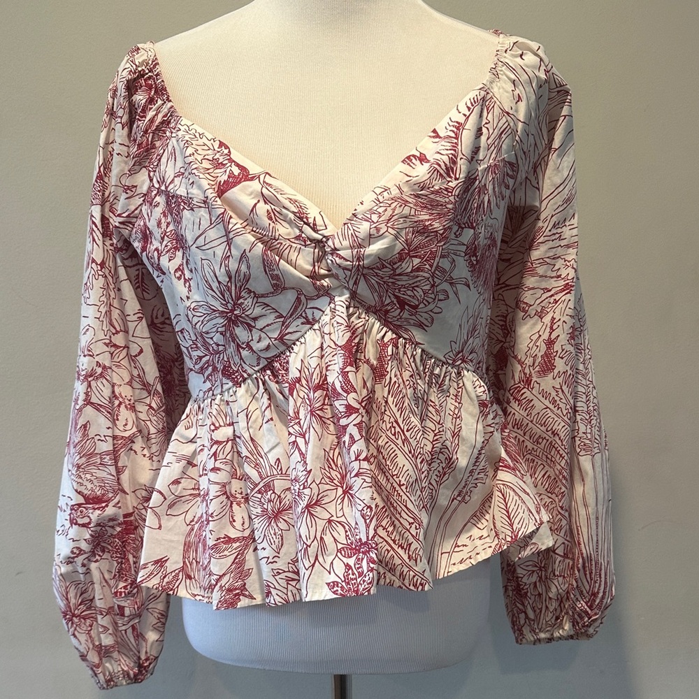 Express Red and White Floral Blouse